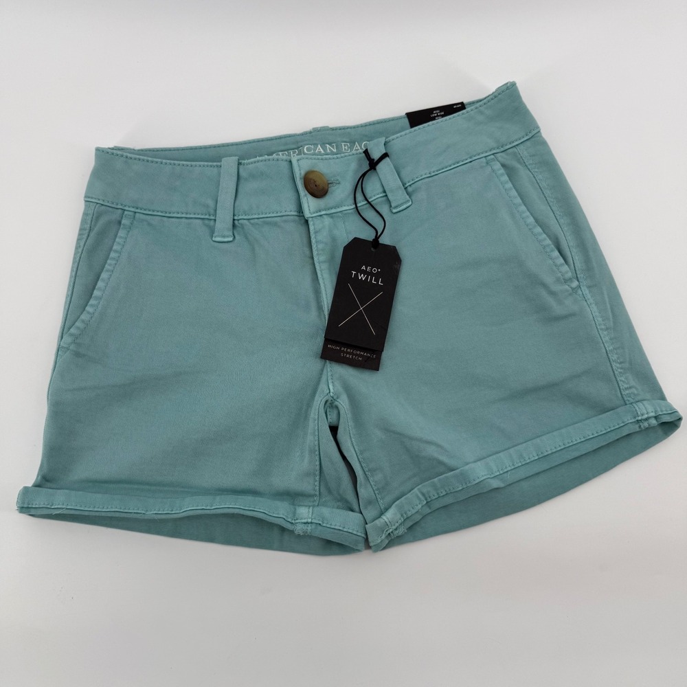 American Eagle AEO Twill Midi Shorts Teal Green Low Rise Super‎ Stretch Size 00